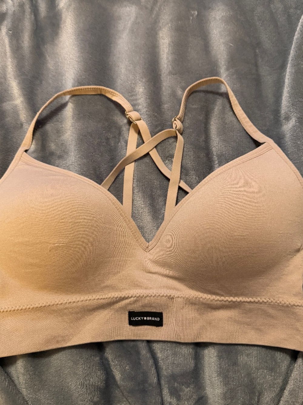 Lucky Brand Women's L Seamless Bralette Nude Beige Strappy Black NWT